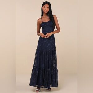 NWT Lulus Poised Grace Navy Blue Burnout Floral Bustier Tiered Maxi Dress